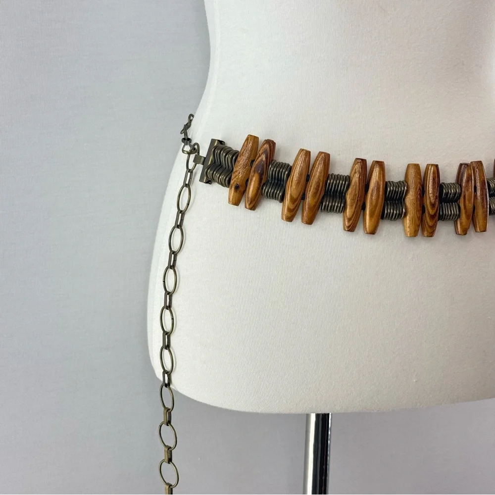 Vintage Wooden Medallian and Pegs Brass Metal Link Chain Belt